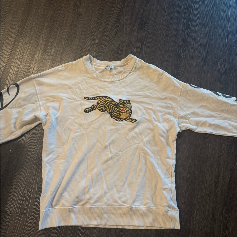 Kenzo White Crewneck Sweater with Tiger Embroidery